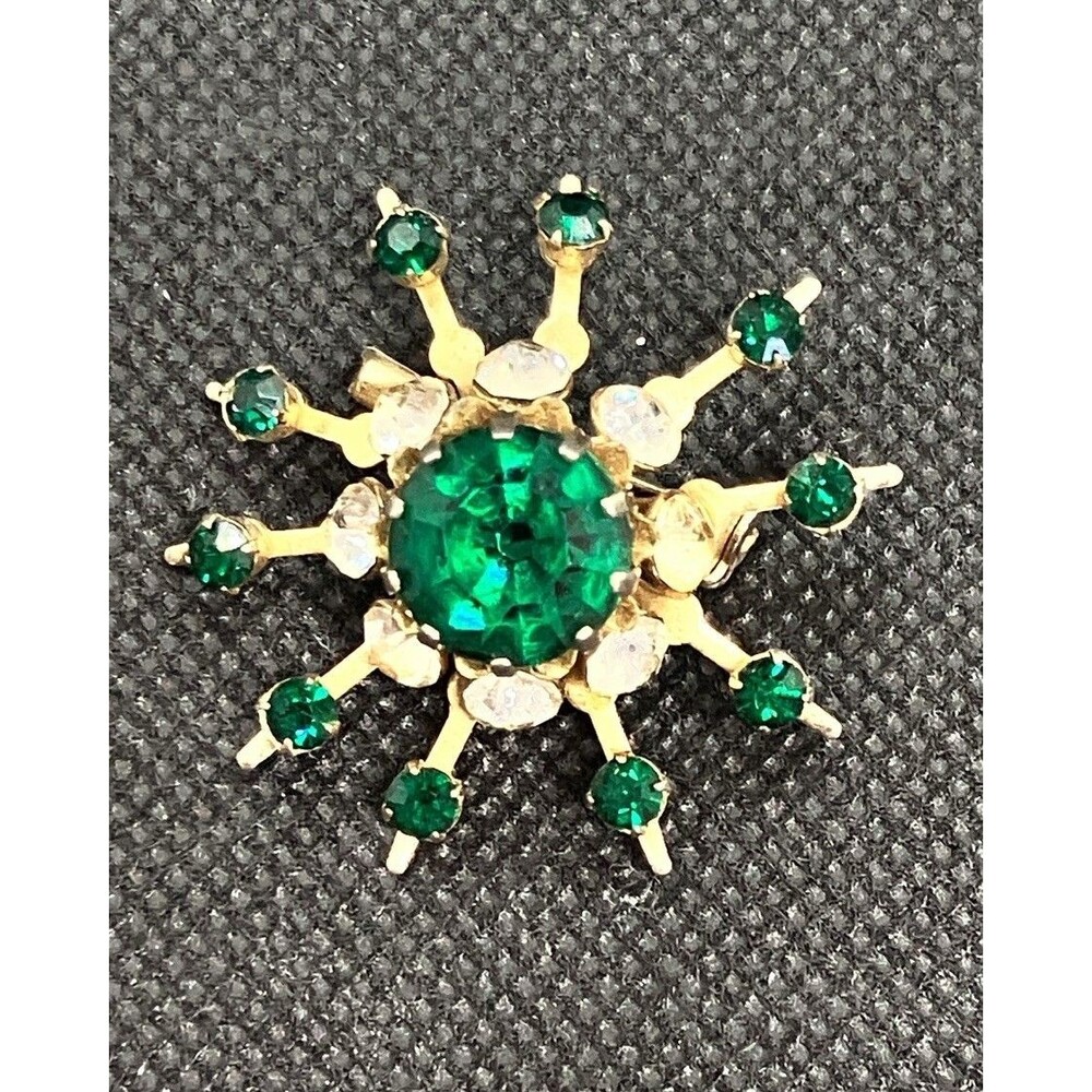 Coro Brooch Pin Goldtone Vintage 1.5"  Women Estate Rhinestone Green Starburst